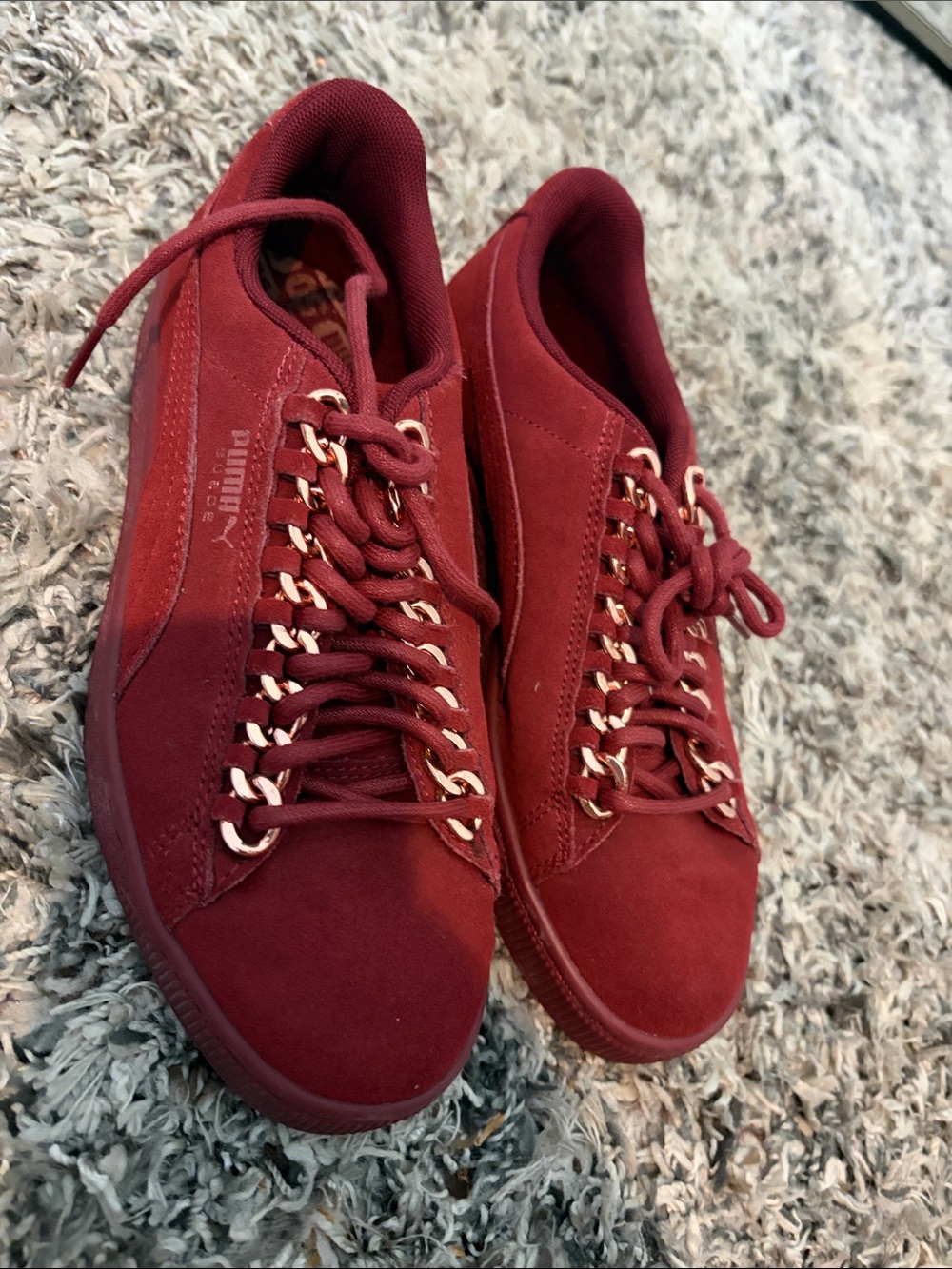 Puma women’s  Burgundy Suede Sneakers with Gold-Tone Eyelets
